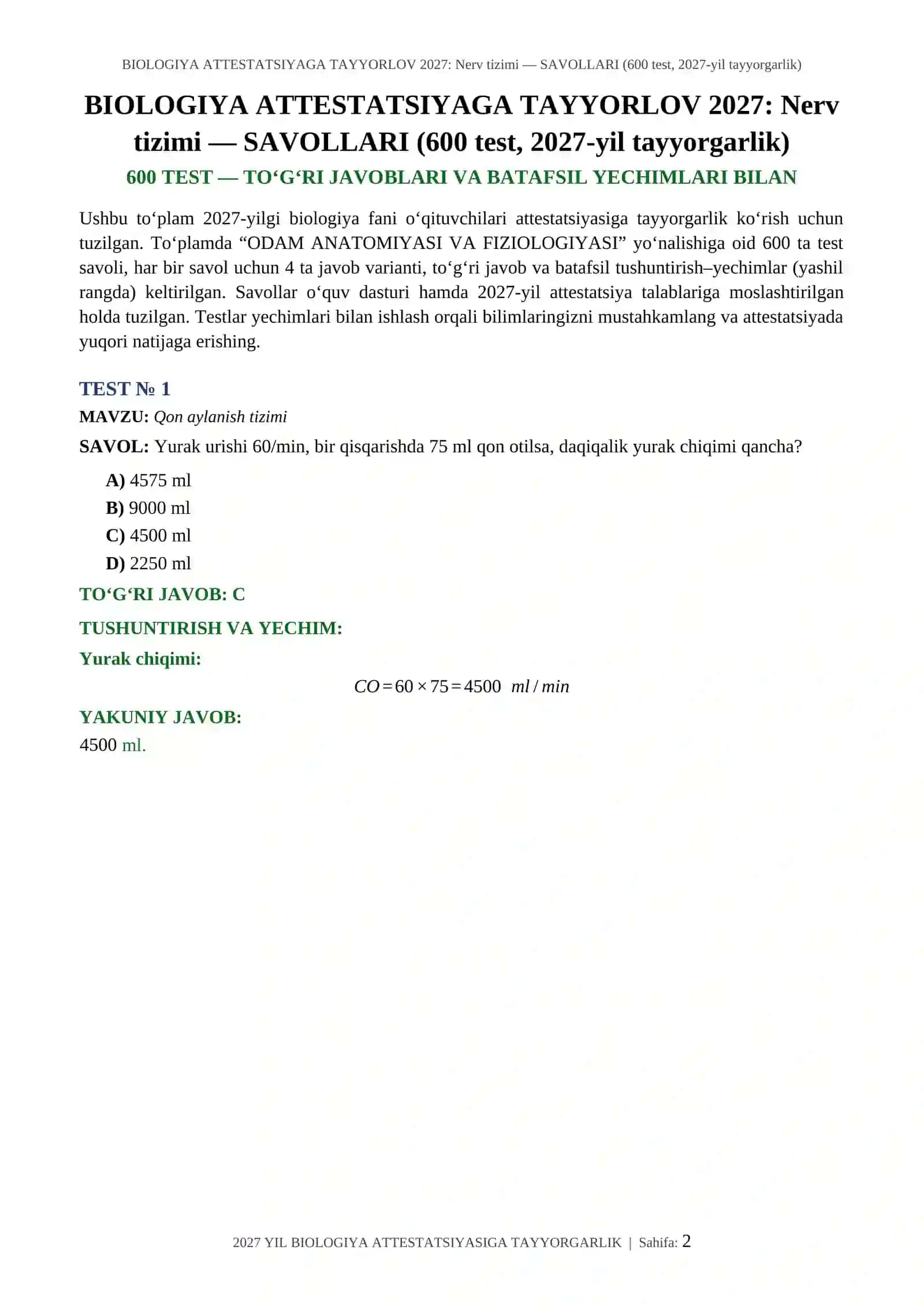 BIOLOGIYA ATTESTATSIYAGA TAYYORLOV 2027: Nerv tizimi — SAVOLLARI (600 test, 2027-yil tayyorgarlik) 2