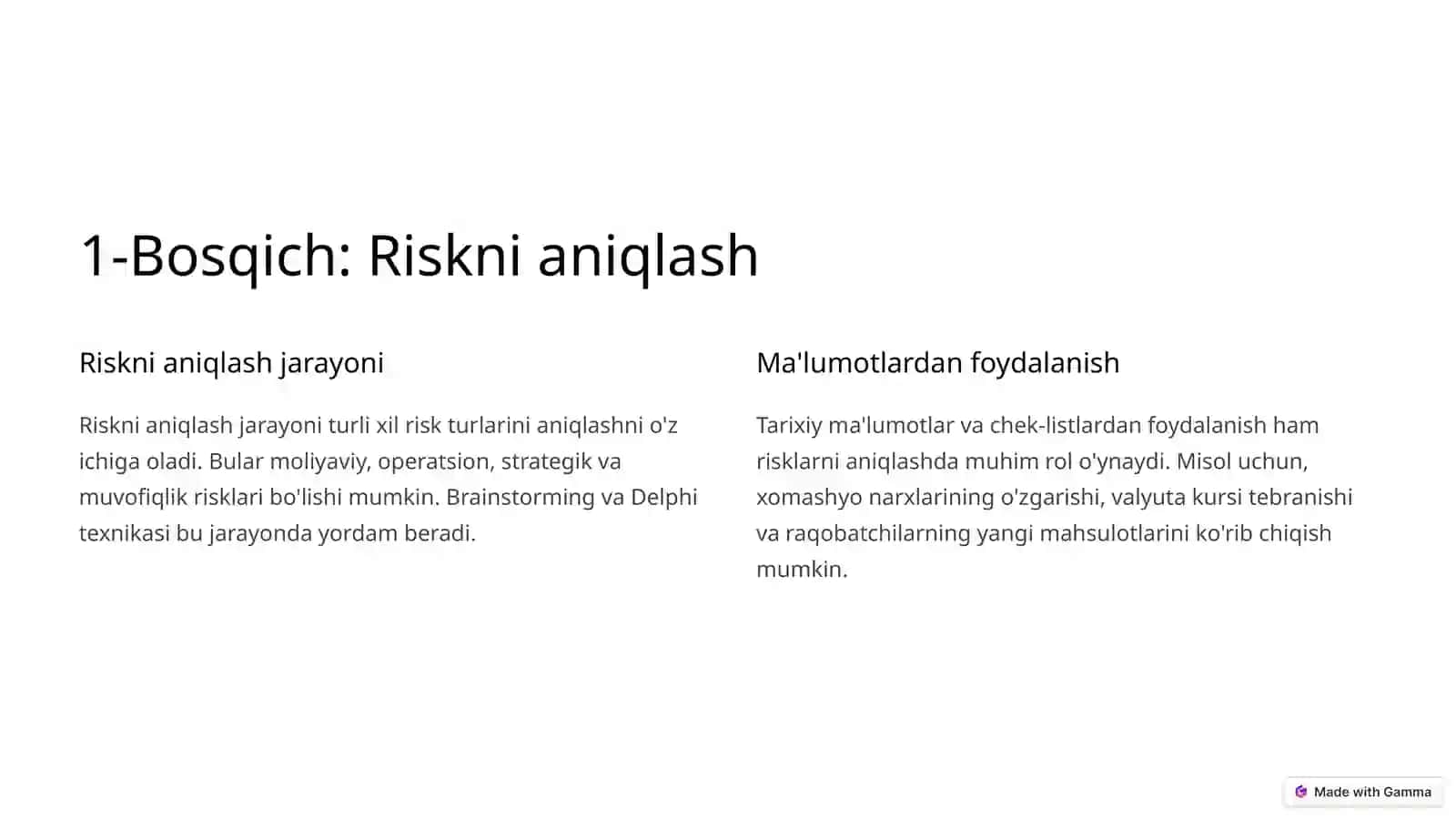 Riskni boshqarish va analiz qilish: Kirish 2