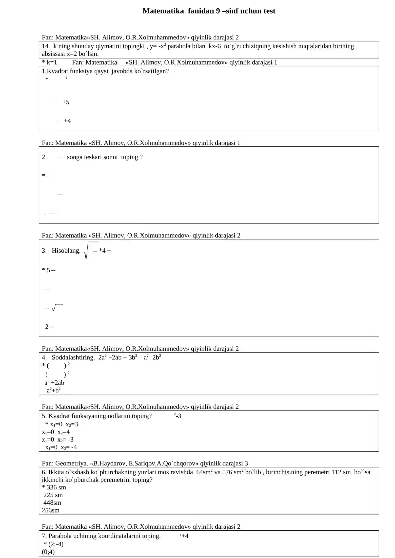 Testlar - Matematika fanidan 2