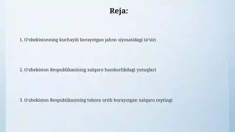 Oʻzbekiston respublikasining xalqaro reyting va indekslardagi oʻrni va nufuzini ortib borishi 2