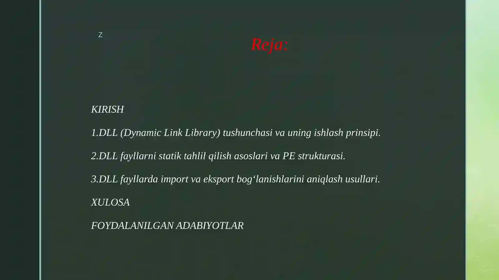 Dinamik kutubxonalarni (DLL) statik tahlil qilish va ularning bog'lanishlarini aniqlash. 2