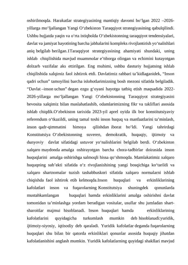 Yangi O‘zbekistonda inson haq-huquqlari va erkinliklari kafolatining yaratilishi 2