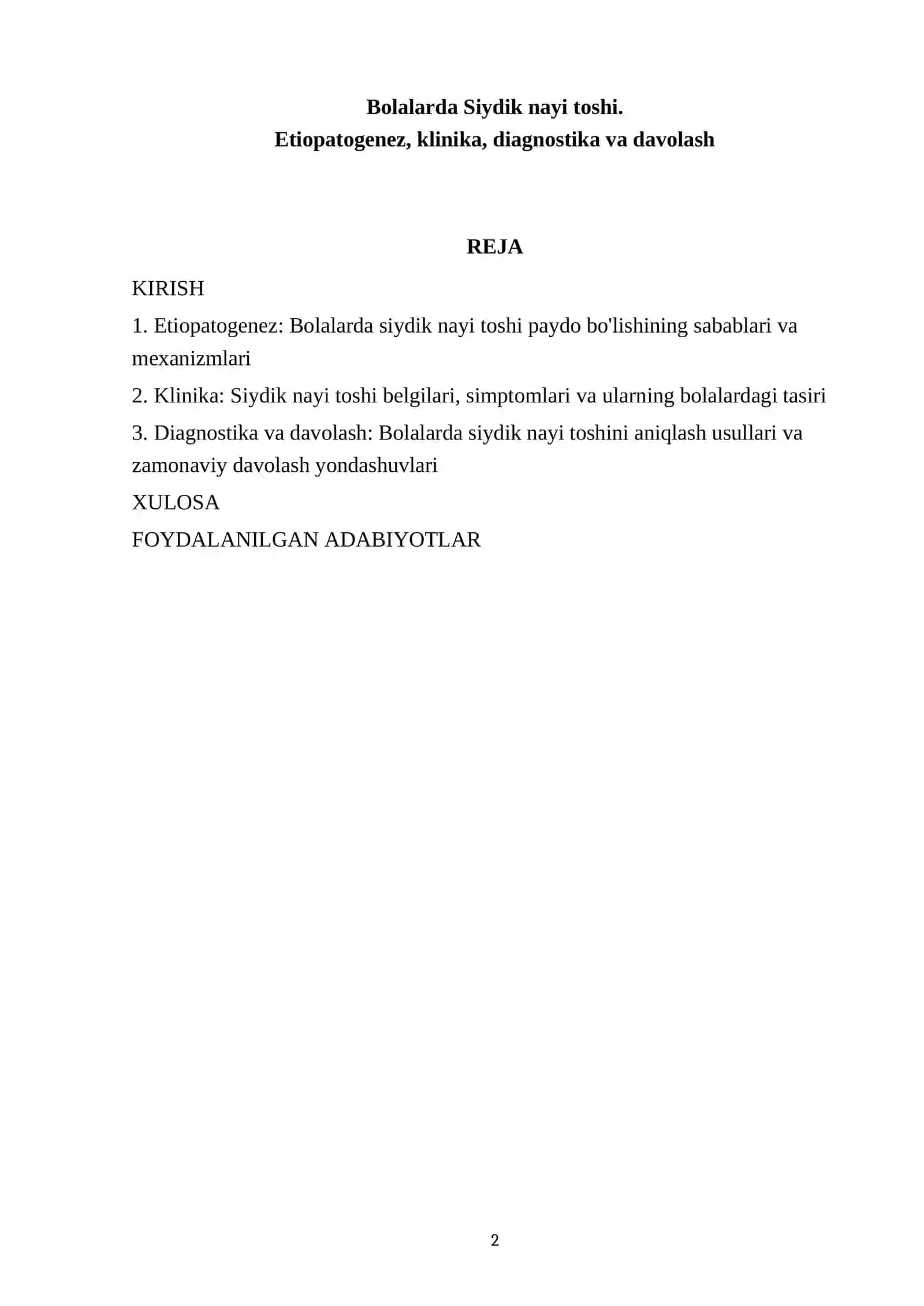 Bolalarda Siydik nayi toshi. Etiopatogenez, klinika, diagnostika va davolash 2