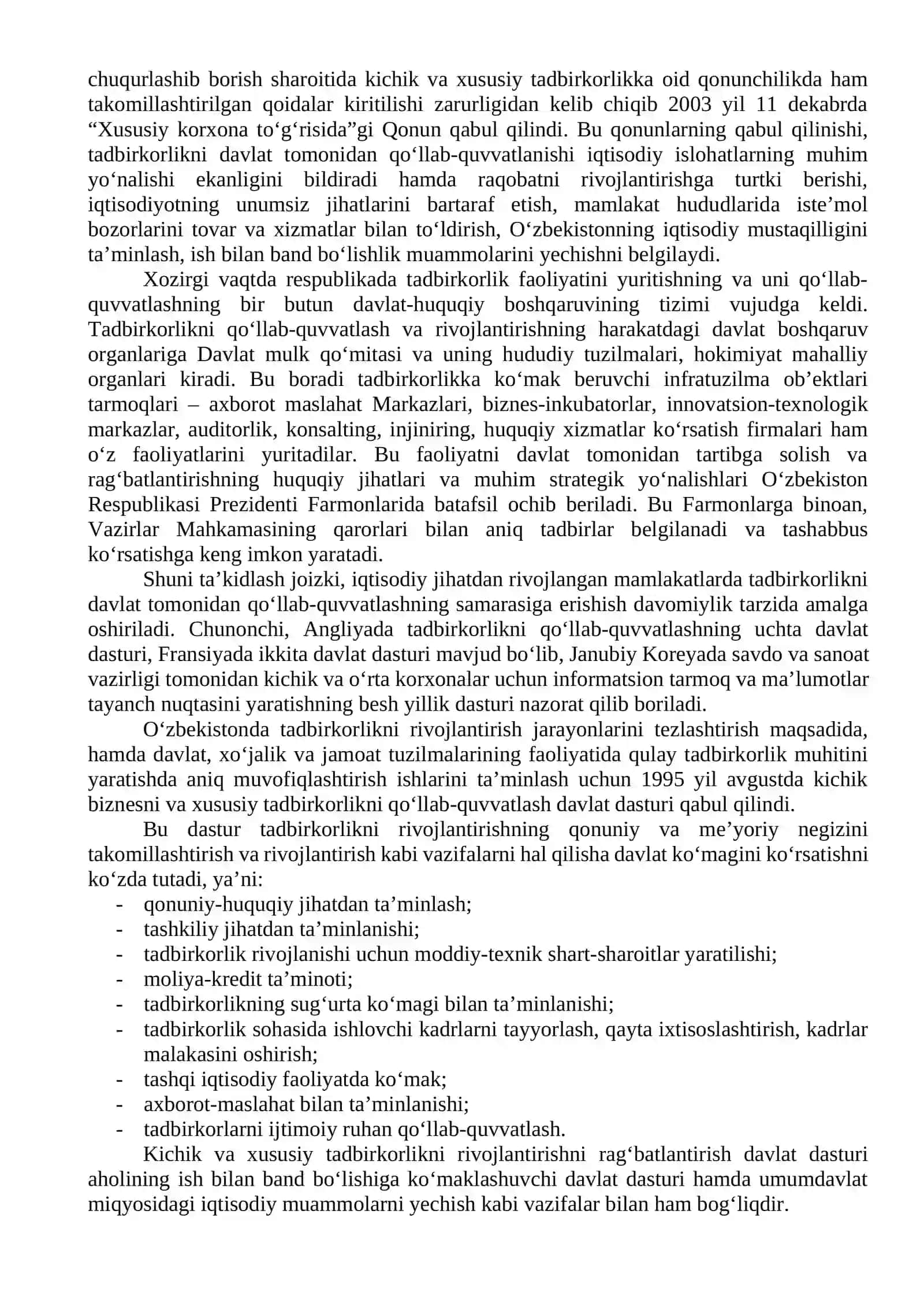 Kichik biznes va xususiy tadbirkorlik faoliyatini davlat tomonidan qo‘llab-quvvatlash hamda iqtisodiy rag‘batlantirish yo‘nalishlari 2