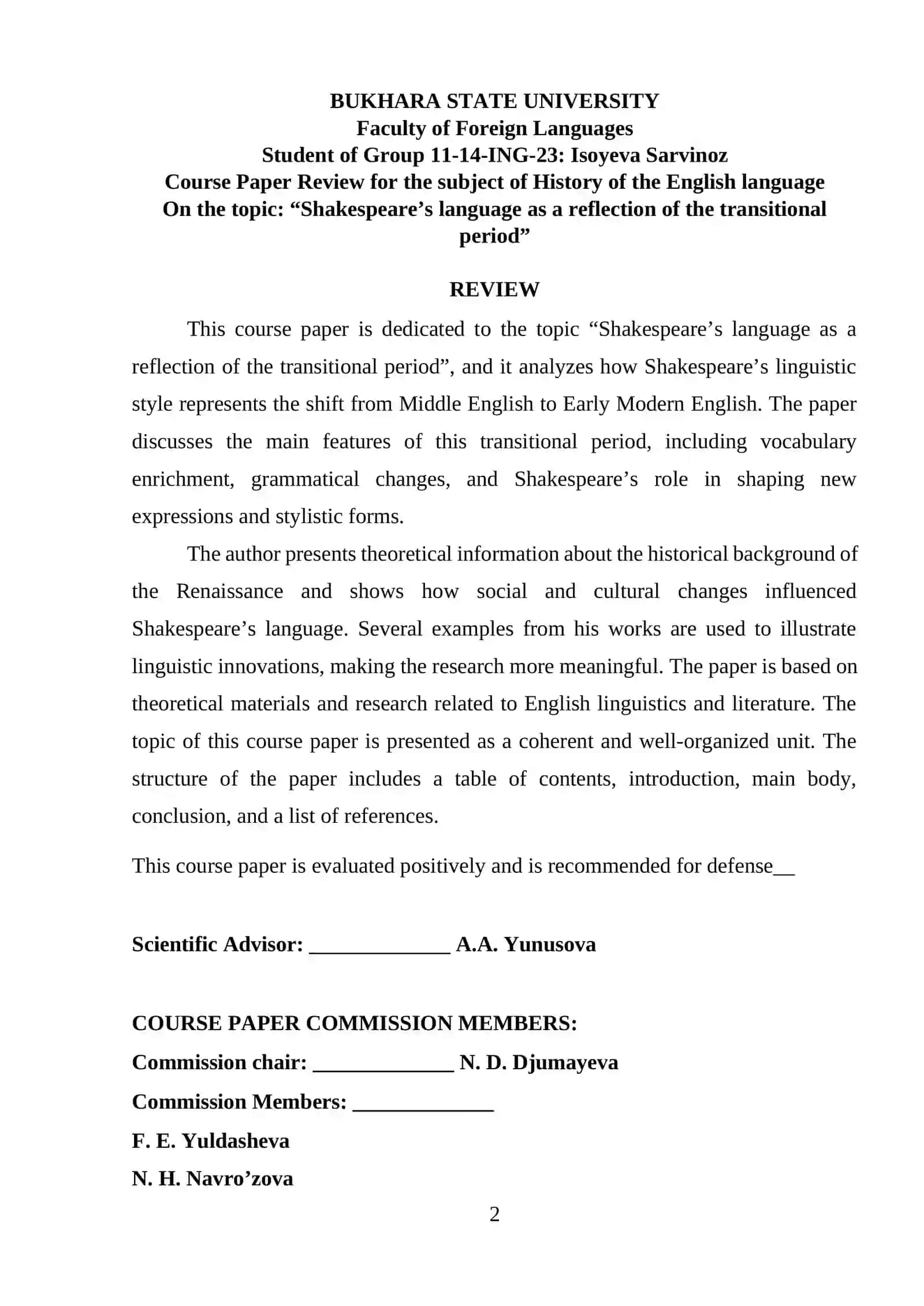 Shakespeare’s language as a reflection of the transitional period 2
