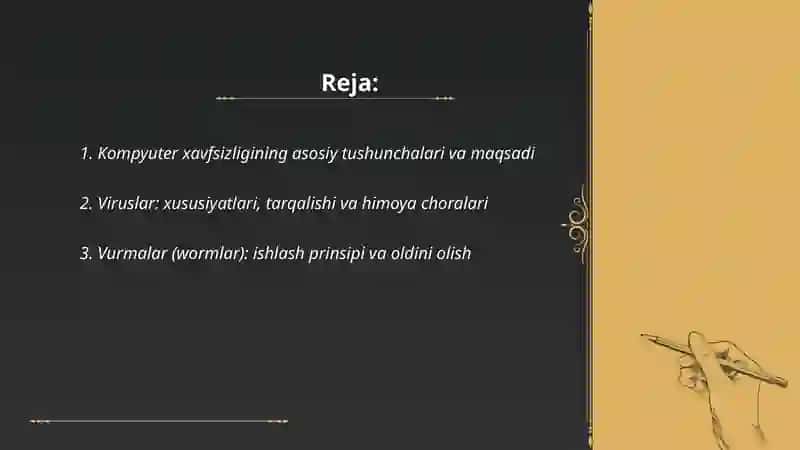 Kompyuter xavfsizligi asoslari. Zararli dasturlar turlari, antivirus dasturlar, xavfsizlik devori (firewall), axborot xavfsizligini ta'minlash usullari 2