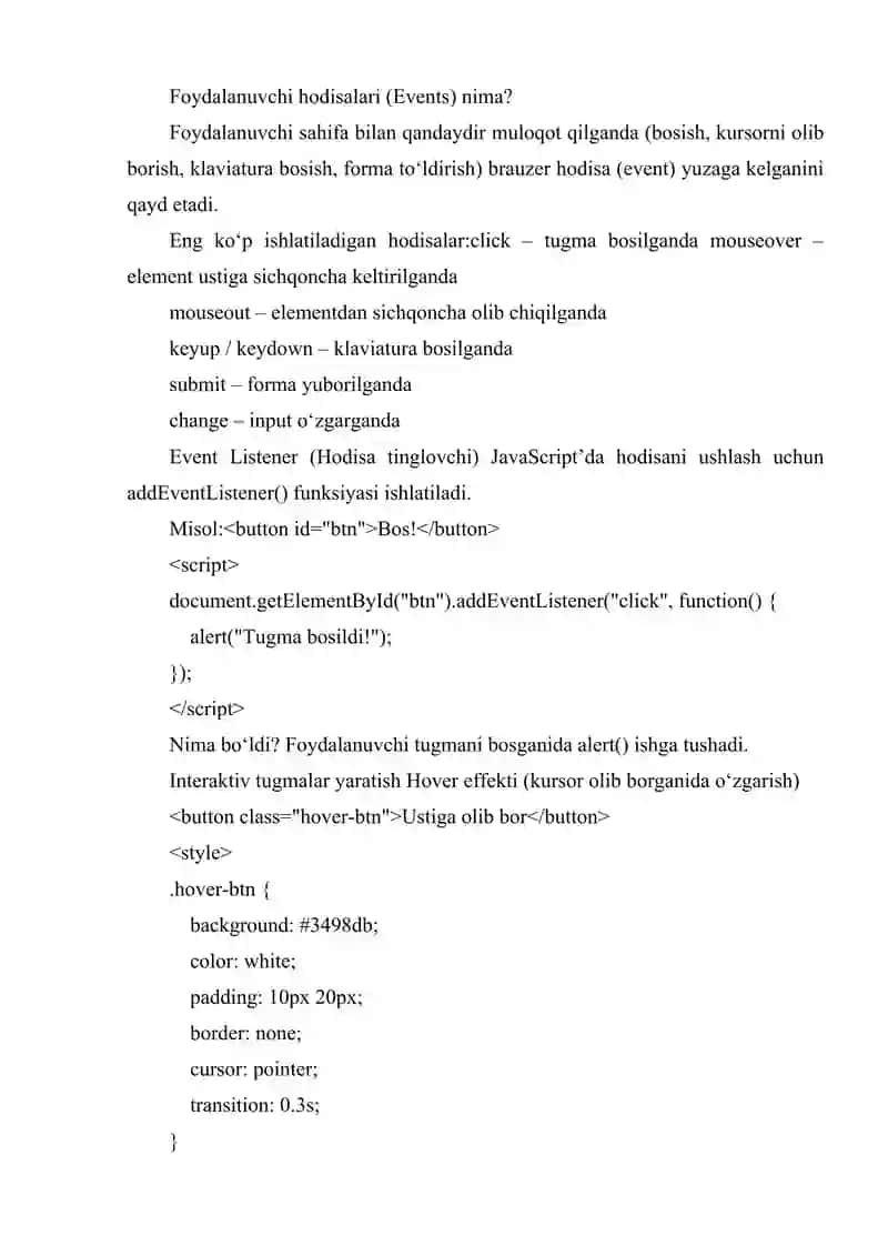 FOYDALANUVCHI HODISALARINI BOSHQARISH VA INTERAKTIV TUGMALAR YARATISH 2