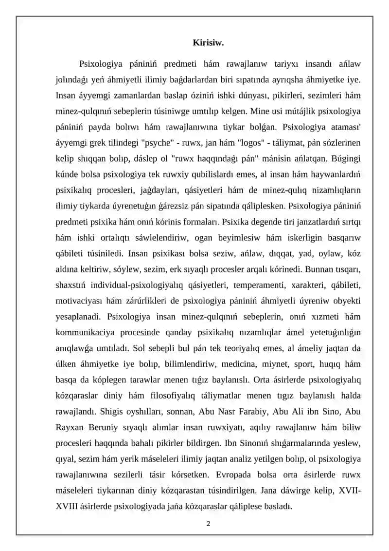Psixologiya pániniń predmeti hám rawajlanıw tariyxı 2