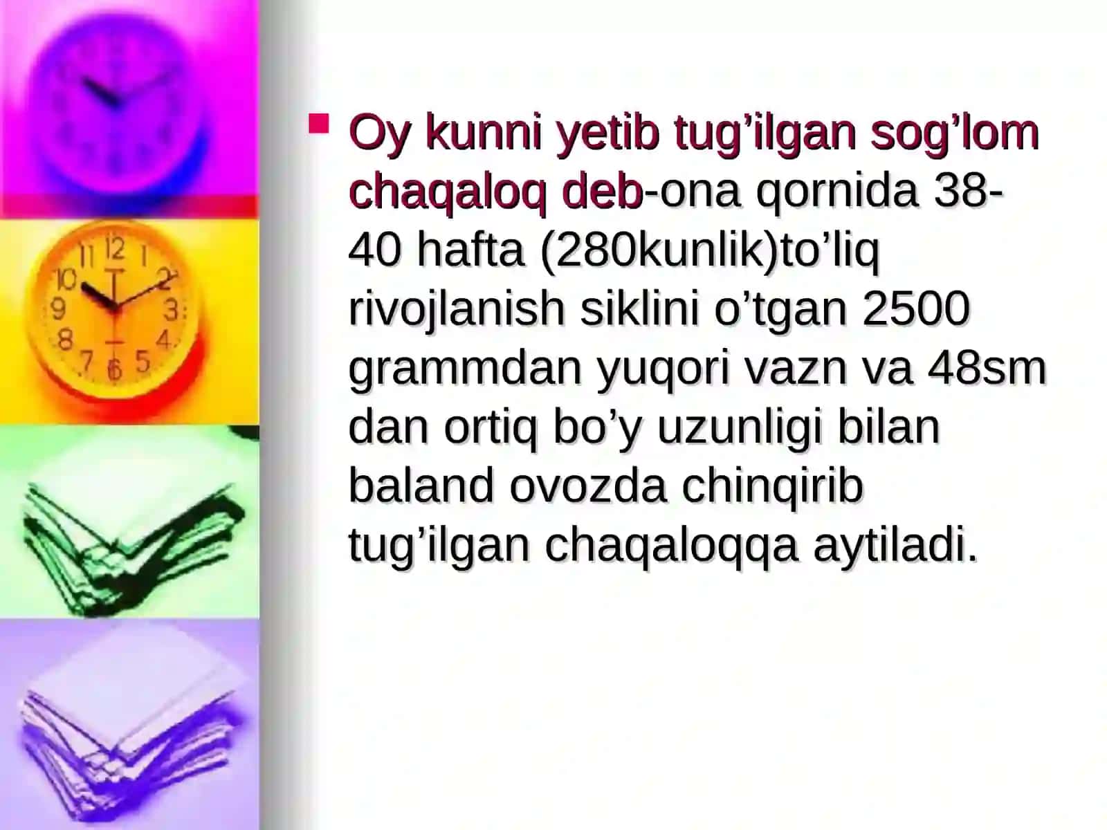 Sog’liqni saqlash tizimining birlamchi bo’g’inida bolalarga hamshiralik parvarishining xususiyatlari.Yangi tug’ilgan chaqaloqlarga hamshiralik parvarishi.Muddatiga yetmay tug’ilgan chaqaloqlarga hamshiralik parvarishi 2