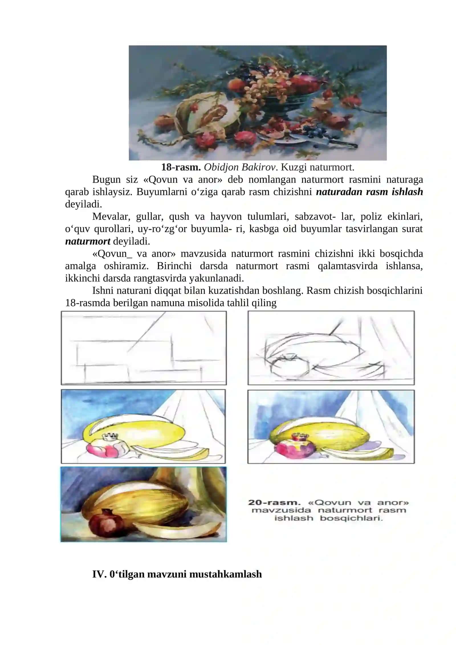 4-sinf Tasviriy san'at Qovun va anor mavzusida natyurmort ishlash dars ishlanma 2
