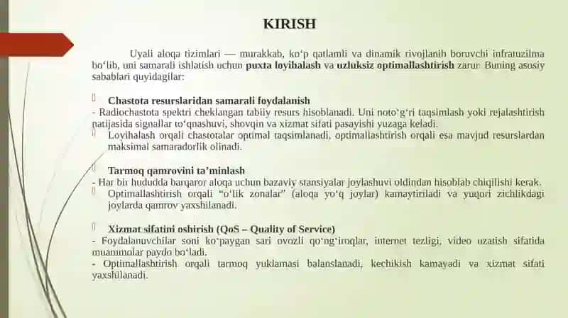 Uyalialoqa tizimlari loyihalash va optimallashtirish 2