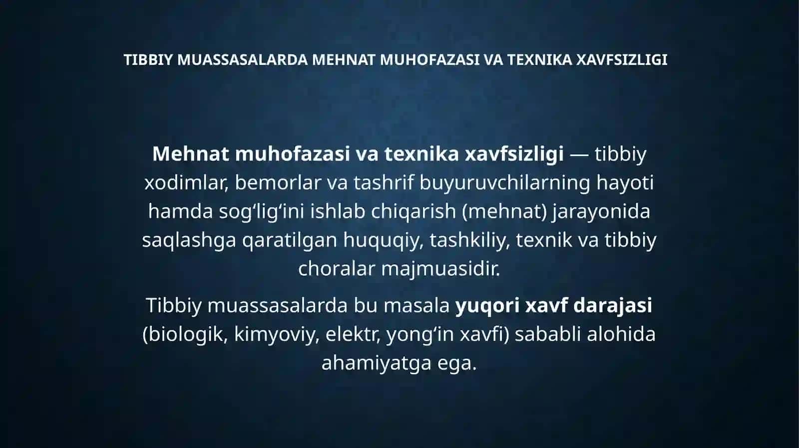 Tibbiymuassasalardamexnatmuhofazasivatexnikaxavfsizligi 2