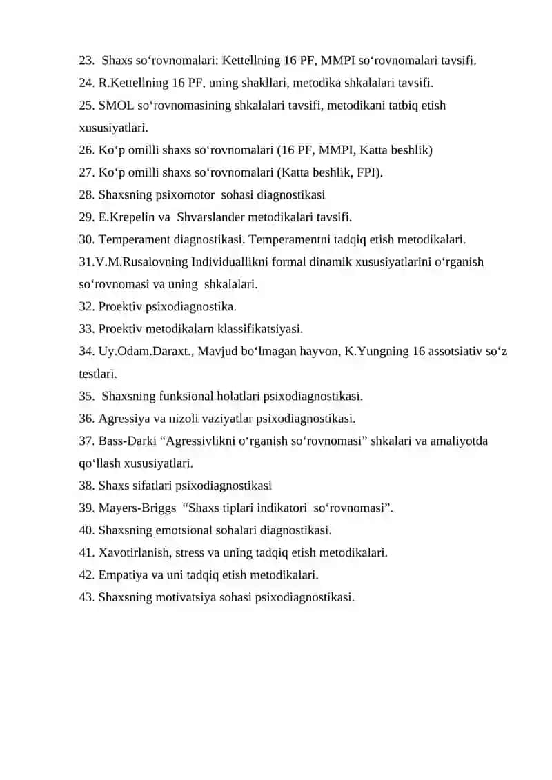 Umumiy psixodiagnostika fanidan yakuniy nazorat savollari 2