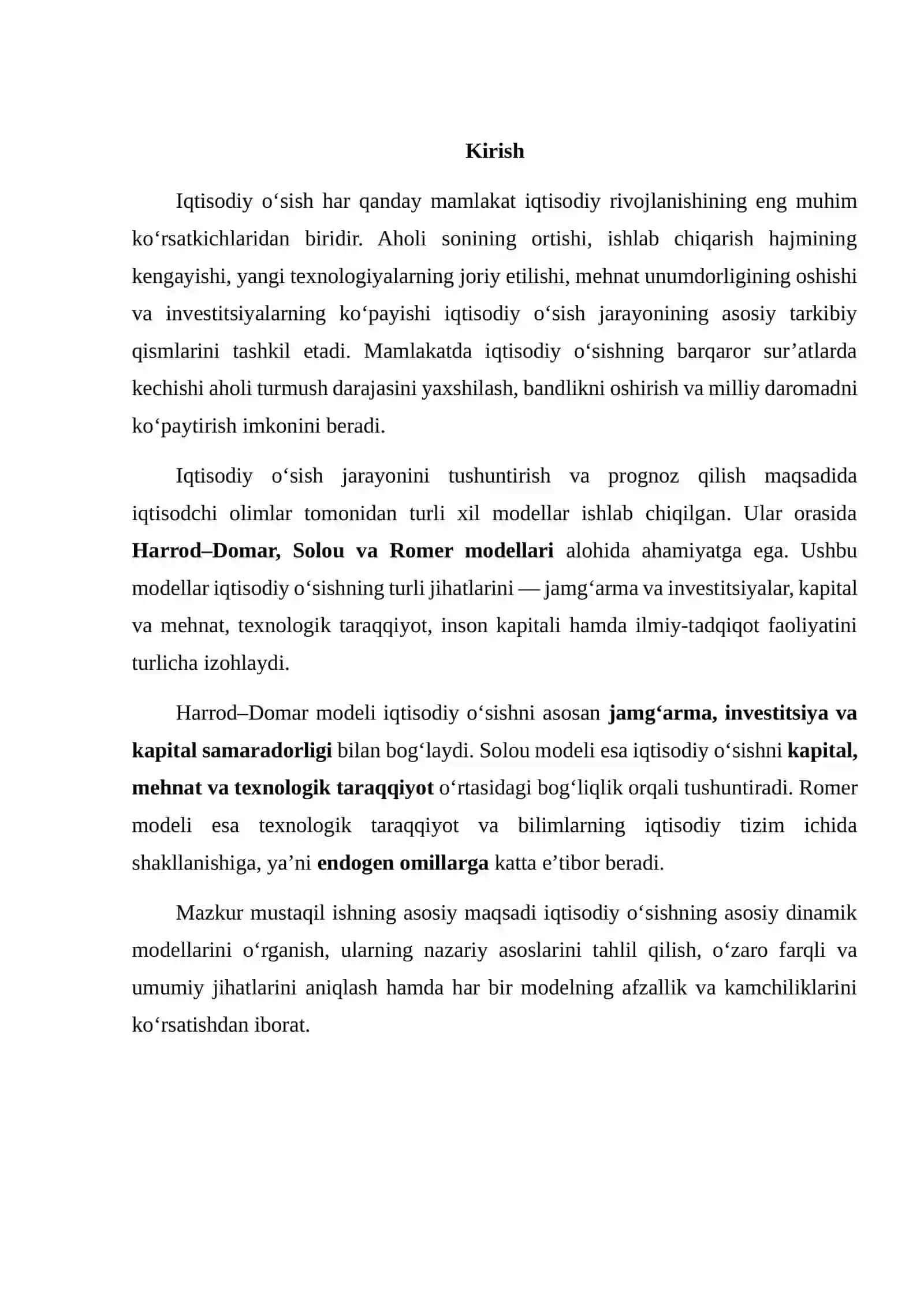 IQTISODIY O‘SISHNING DINAMIK MODELLARINI (HARROD–DOMAR, SOLOU, ROMER VA BOSHQALAR) TAQQOSLASH HAMDA ULARNING AFZALLIK VA KAMCHILIKLARI 2