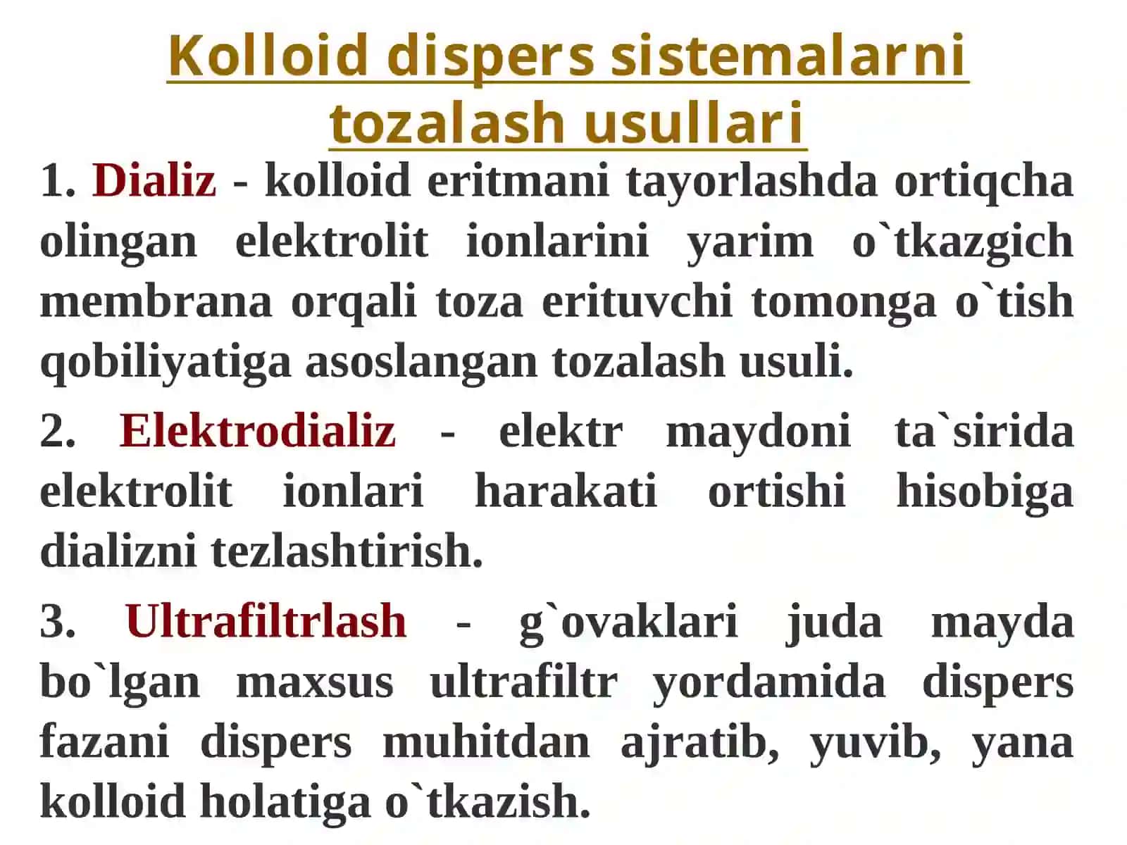Kolloid sistemalarning molekulyar-kinetik, optik va elektr xossalari 2