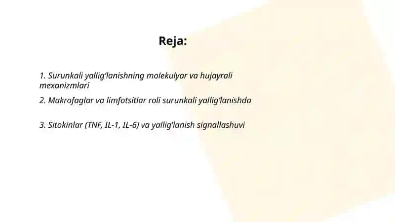 Surunkali yalligʻlanish. Yalligʻlanishning tizimli tasirlari. Hujayra reparatsiyasi 2