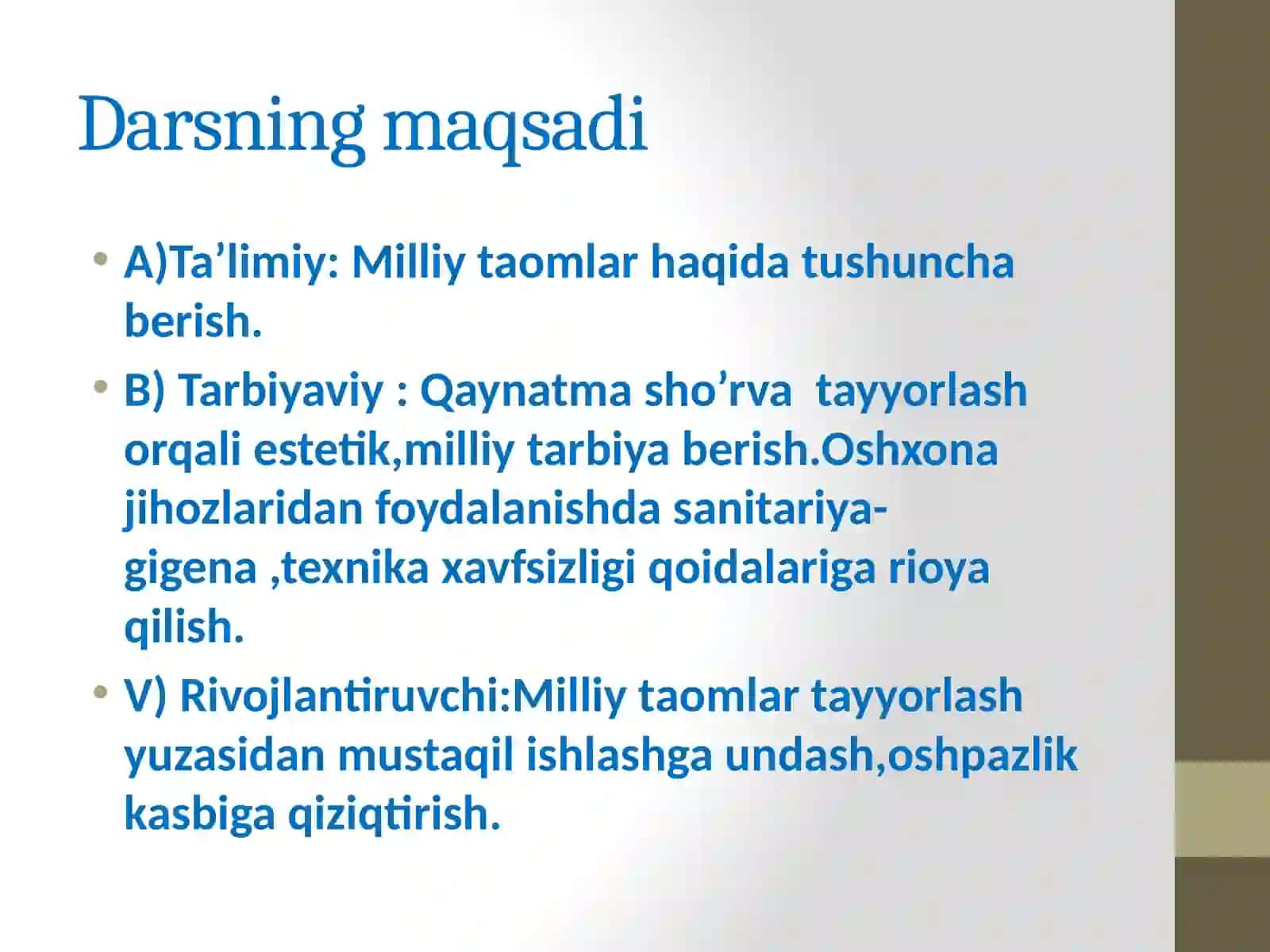 5-sinf Texnologiya fanidan Milliy taomlar tayyorlash texnologiyasi mavzusida dars ishlanma 2