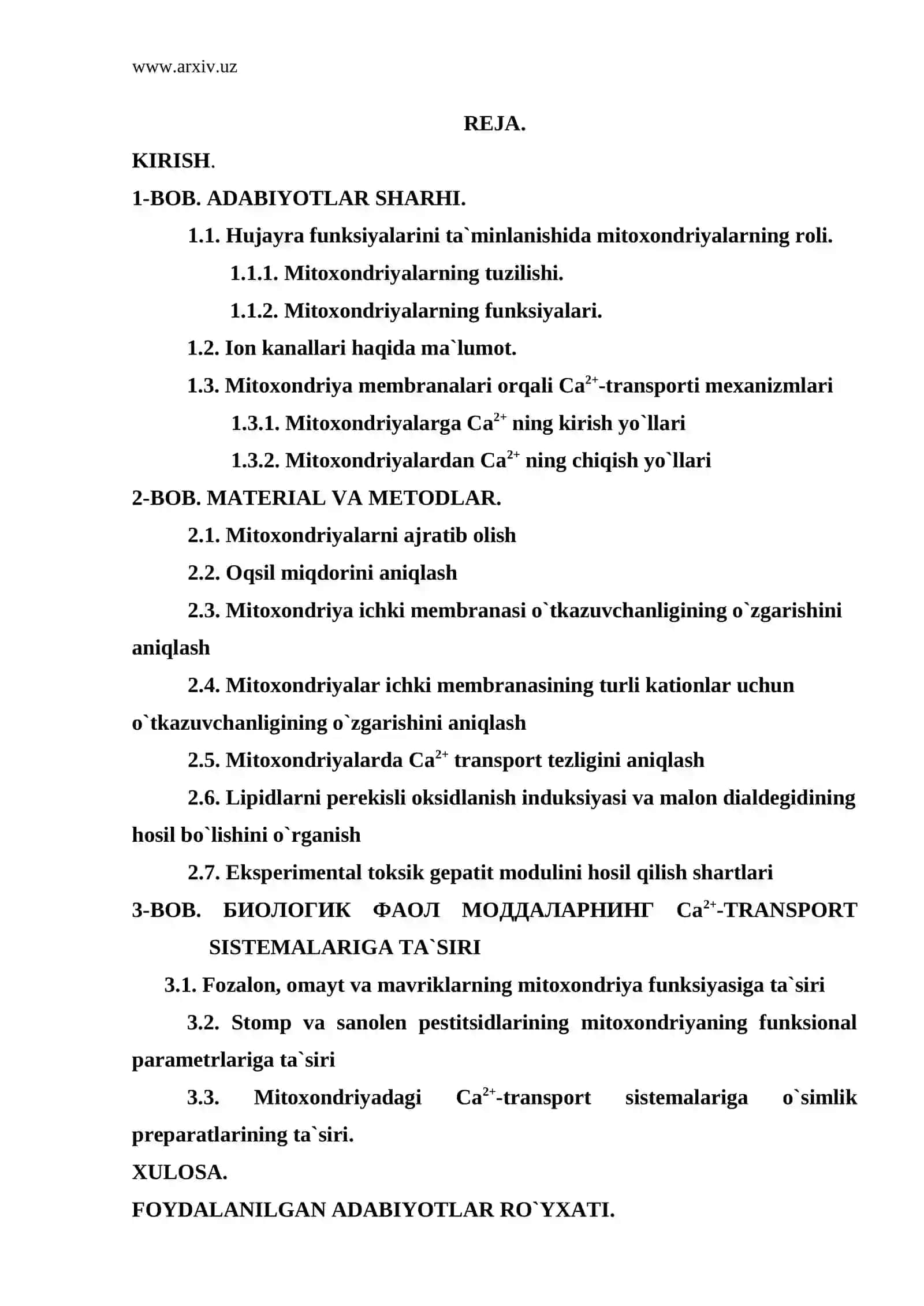 "Mitoxondriyalarda Са2+-transport sistemalarining tuzilishi, funksiyasi va ularga biologik faol moddalarning ta`siri" 2
