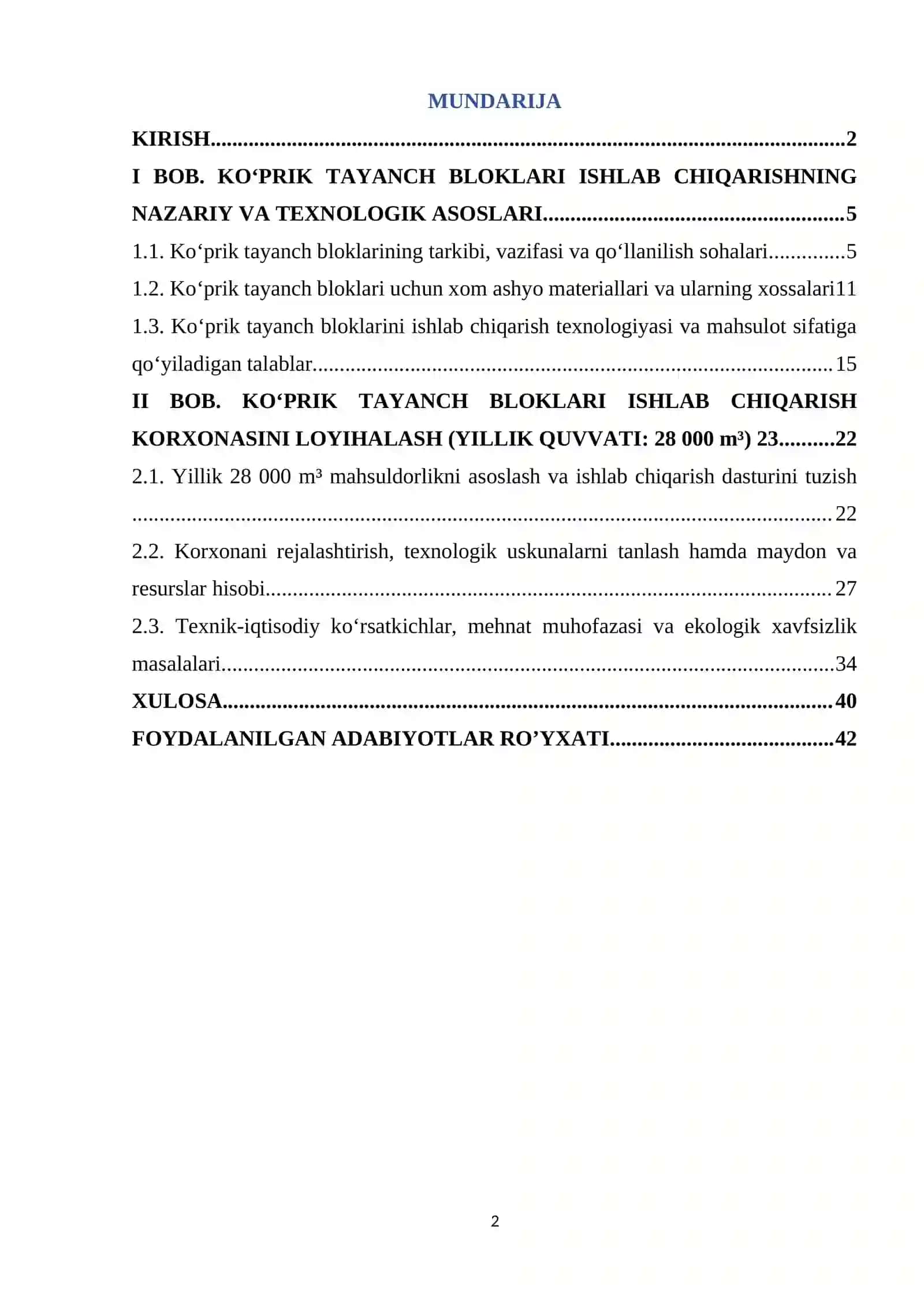 Ko’prik tayanch bloklari ishlab chiqarish korxonasini loyihalash  (yillik maxsuldorligi: 28 000 m³) 2