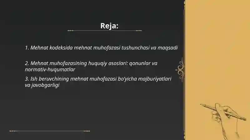 Mehnat kodeksi uning huquqiy asoslari muxofaza qilish bo'yicha ishlarni tashkil etish 2