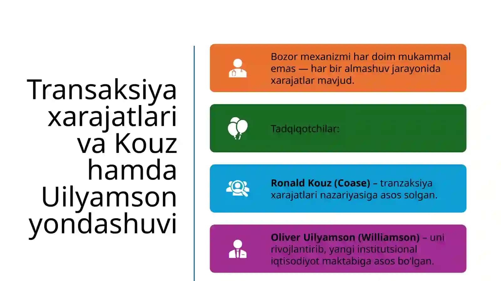 Transaksiya xarajatlari va ularni tahlil qilishga nisbatan Kouz Uilyamson yondashuvi 2