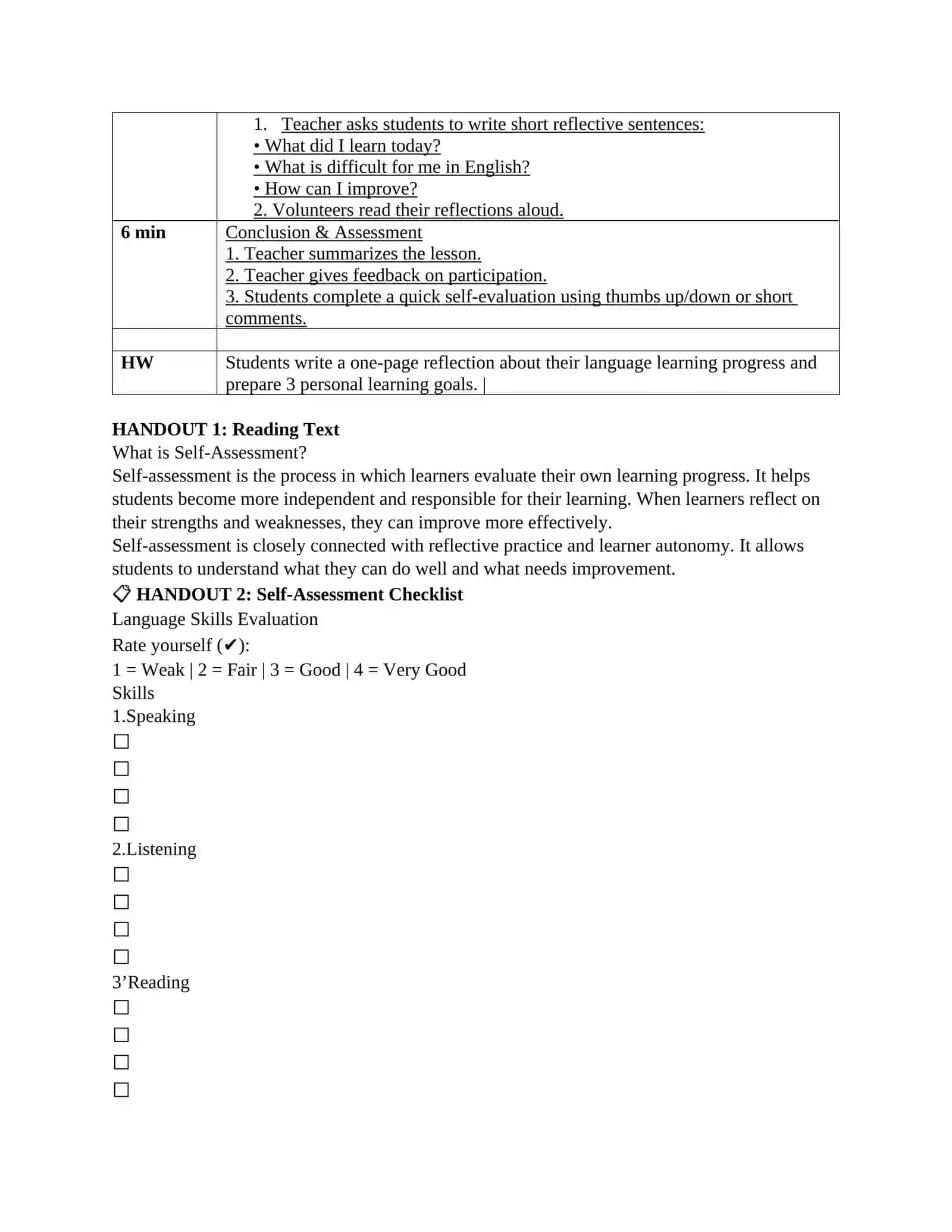 Lesson Plan: The Role of Self-Assessment in Language Learning 2