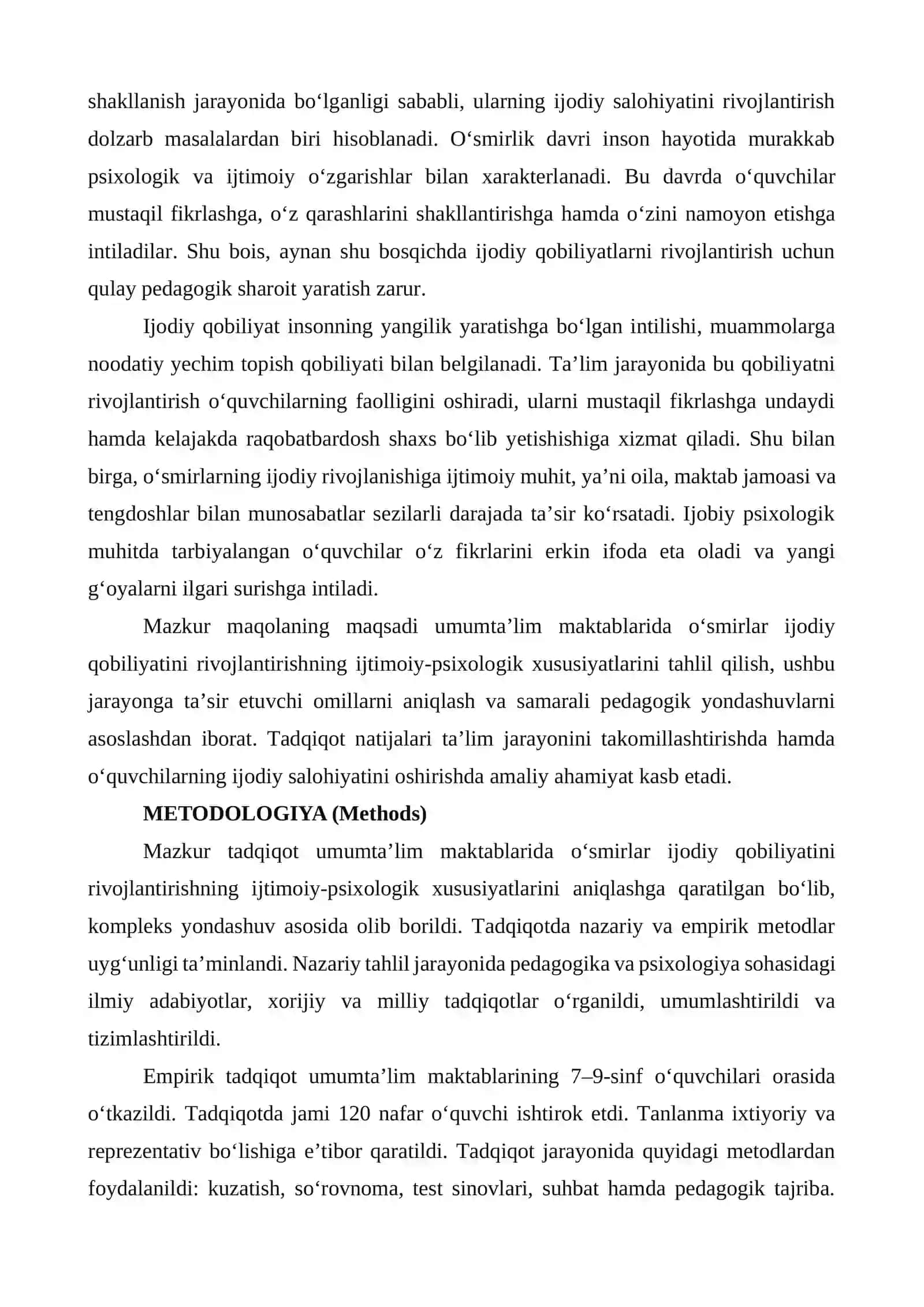 UMUMTA’LIM MAKTABLARIDA O‘SMIRLAR IJODIY QOBILIYATINI RIVOJLANTIRISHNING IJTIMOIY-PSIXOLOGIK XUSUSIYATLARI 2