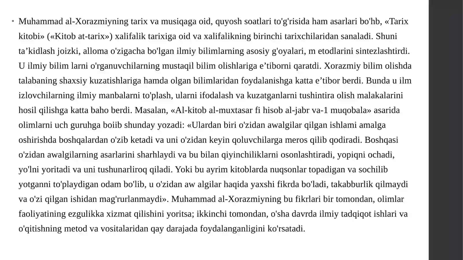 Al-Xorazmiy, al-Forobiy, Abu Rayhon Beruniy, Abu Ali ibn Sinolarning ta’lim -tarbiyaga oid qarashlari 2