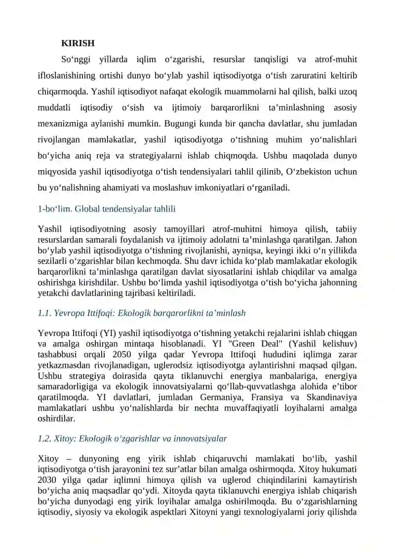YASHIL IQTISODIYOT GLOBAL TENDENSIYALARINING O‘ZBEKISTON UCHUN AHAMIYATI VA MOSLASHUV IMKONIYATLARI 2