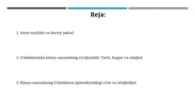 Atom tuzilishi. Elementlarning davriy jadvali. O'zbekistonda kimyo sanoatining rivojlanishi 2