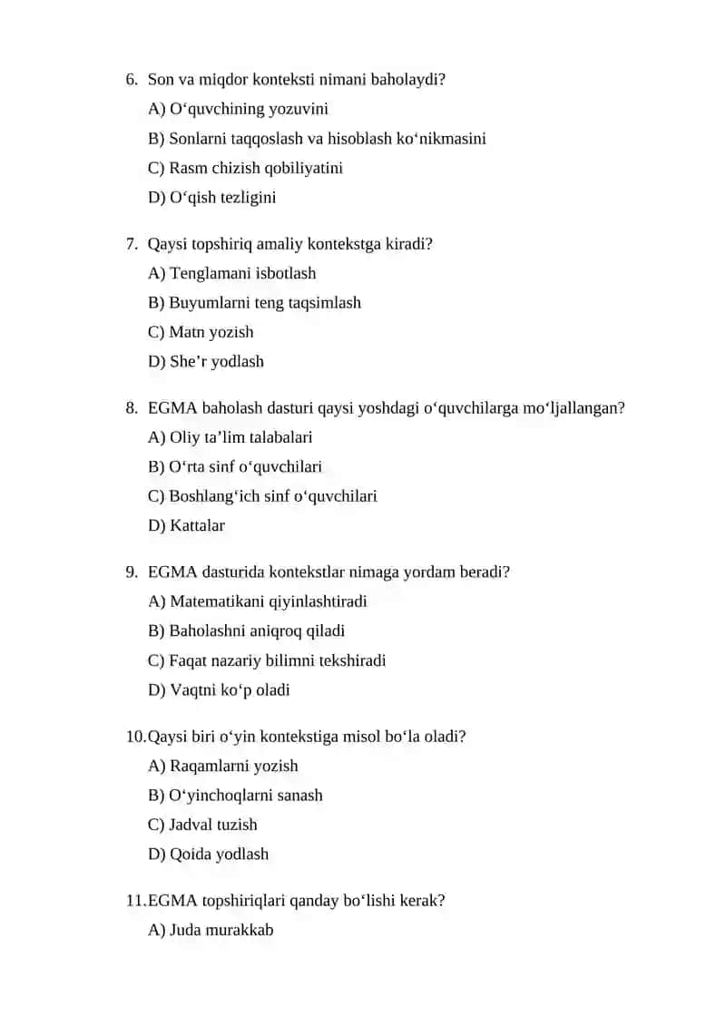 EGMA xalqaro baxolash tizimi dasturida kontekstlar mavzusiga testlar 2