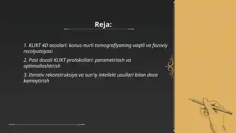 Yangi avlod konus-nurli kompyuter tomografiyasi (KLIKT): 4D - vizualizatsiya va past dozali texnologiya 2