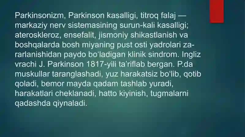 Parkinsonkasalligini davolashda qo’llaniladigan dori vositalari 2
