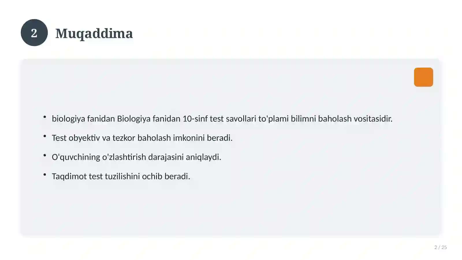 Biologiya fanidan 10-sinf test savollari to'plami 2