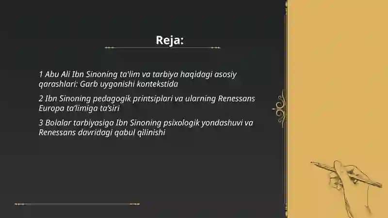 Abu Ali Ibn Sinoning ta'lim va tarbiya haqidagi asosiy qarashlari: Garb uygonishi kontekstida 2