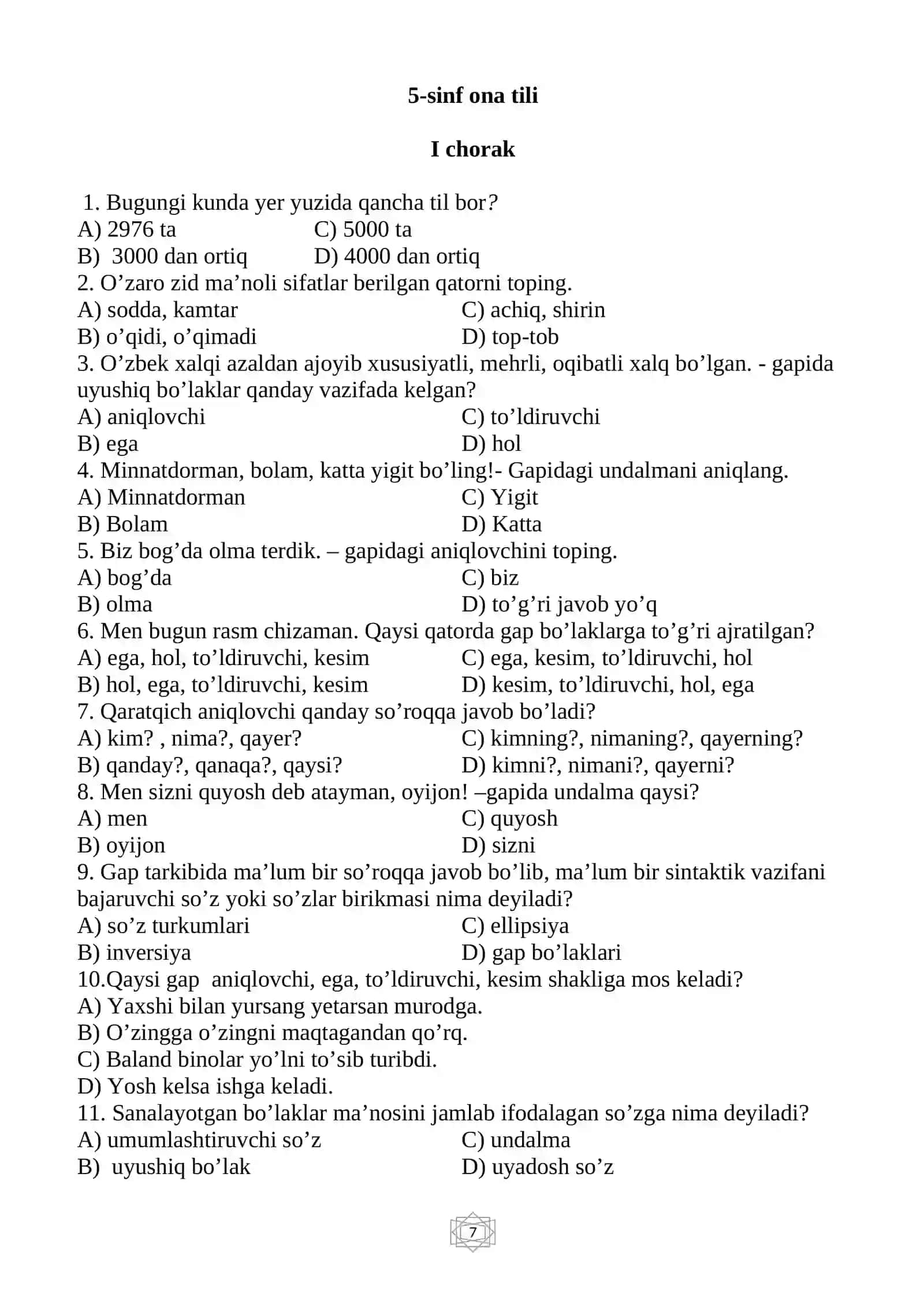 ONA TILIDAN test-sinov topshiriqlari 5-sinf uchun 2