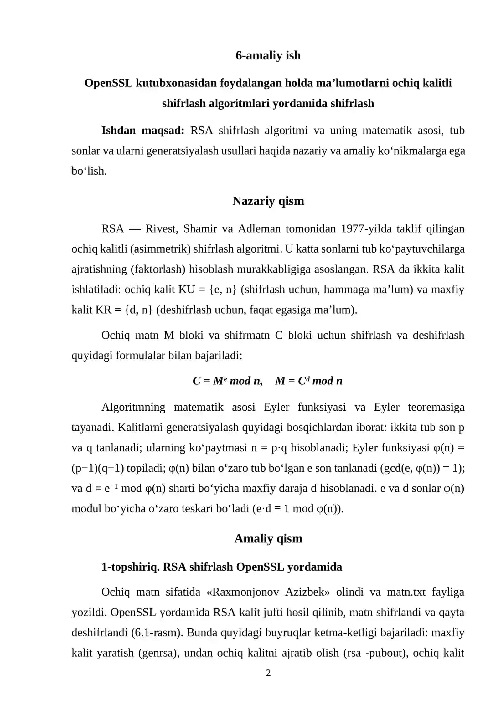 OpenSSL kutubxonasidan foydalangan holda ochiq kalitli shifrlash (RSA) 2