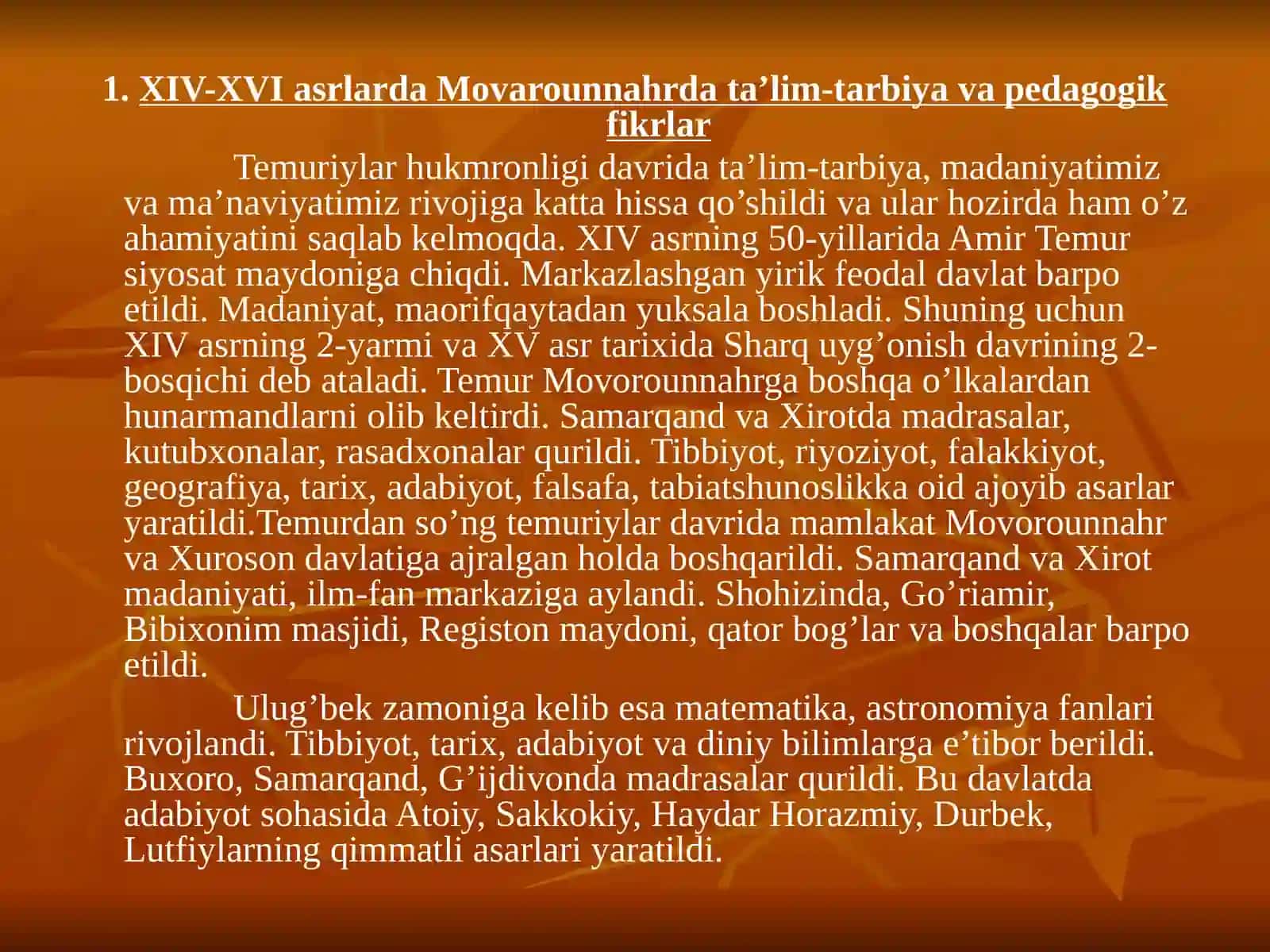 XIV-XVI asrlarda Movarounnahrda ta’lim-tarbiya va pedagogik fikrlar 2