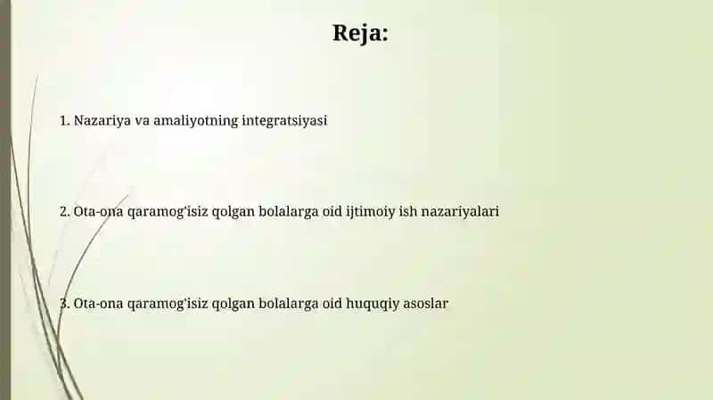Ota ona qaramogʻisiz qolgan bolalar bilan ijtimoiy ish nazariyasi va huquqiy asoslari 2