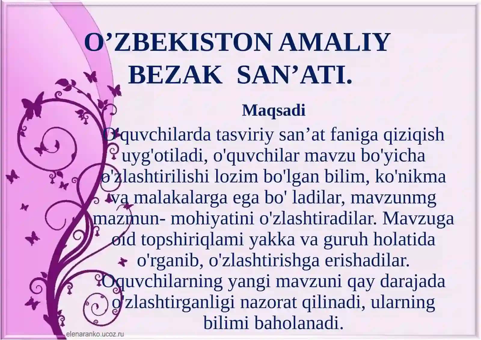 7-sinf Tasviriy san'at fanidan O'zbekistonda amaliy bezak san'ati mavzusida dars ishlanma 2