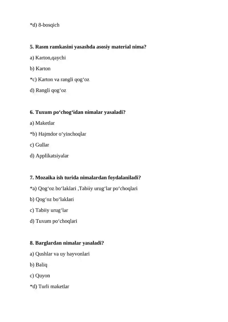 Boshlang‘ich ta`lim, sport va tarbiyaviy ish yo`nalishi 3-kurs sirtqi ta’lim shakli talabalari uchun VI semestr Texnologiya va o‘qtish metodikasi fanidan test savollari 2