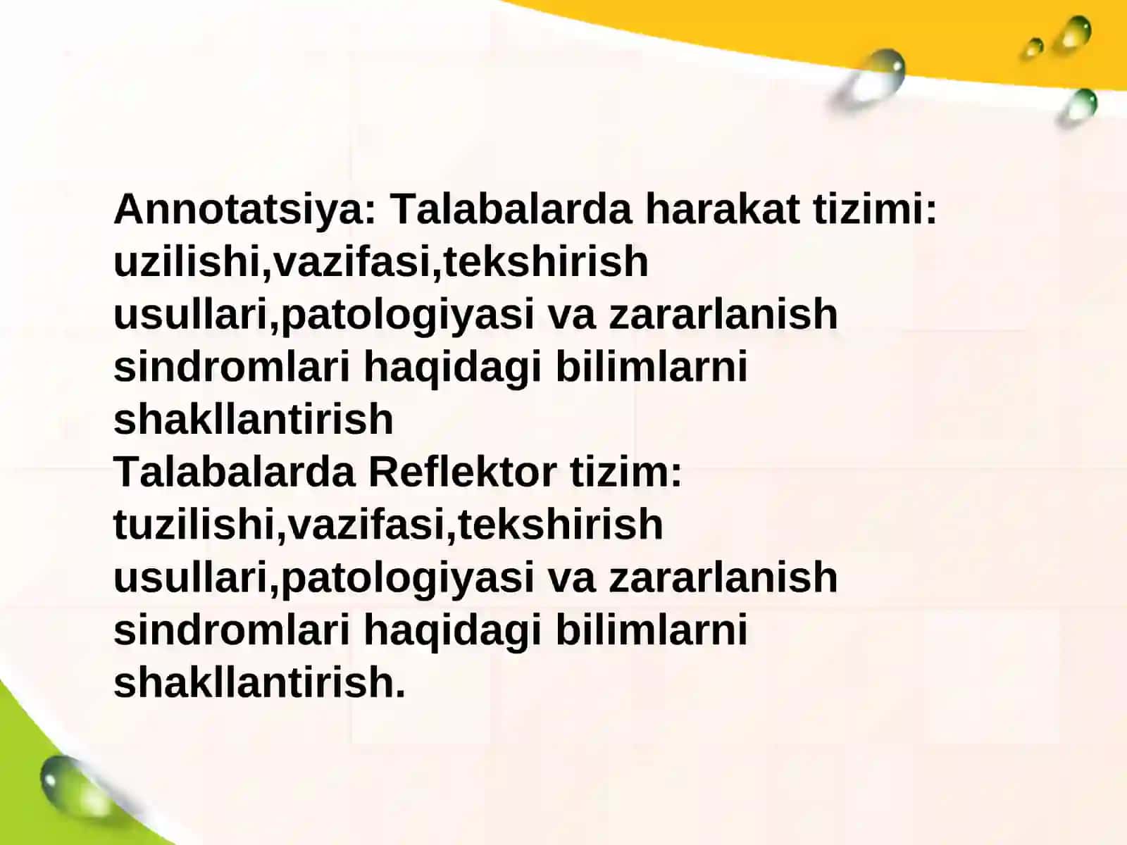Harakat tizimi: tuzilishi, birinchi nevron va ikkinchi nevronning vazifasi. Harakat tizimi: patologiyasi va zararlanish sindromlari va tekshirish usullarReflektor tizim: tuzilishi,vazifasi,tekshirish usullari,patologiyasi va zararlanish sindromla 2
