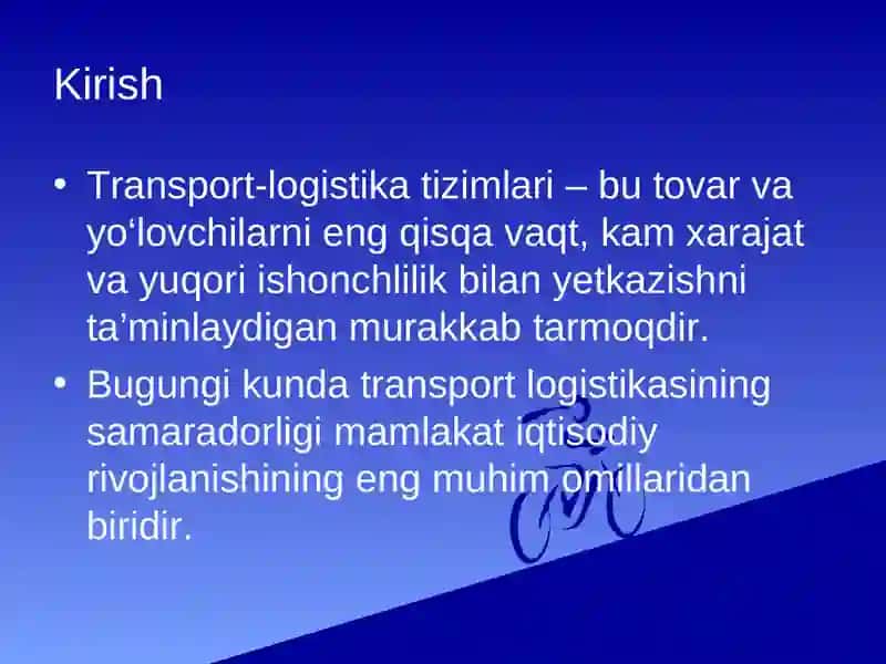 Transportning turli xil turlarida transport-logistika tizimlarining asosiy texnik-iqtisodiy xususiyatlari 2