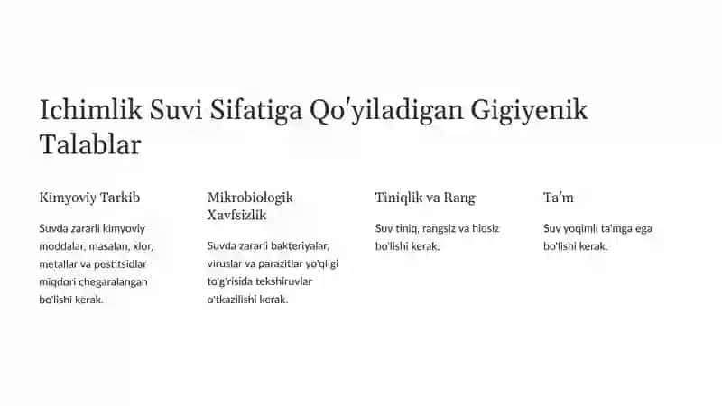 Ichimlik Suvi Sifatiga Qo'yiladigan Gigiyenik Talablar 2