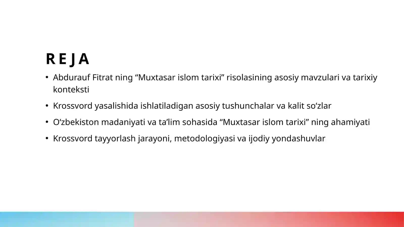 Abdurauf Fitratning “Muxtasar islom tarixi” risolasi boʻyicha krossvord tayyorlash 2