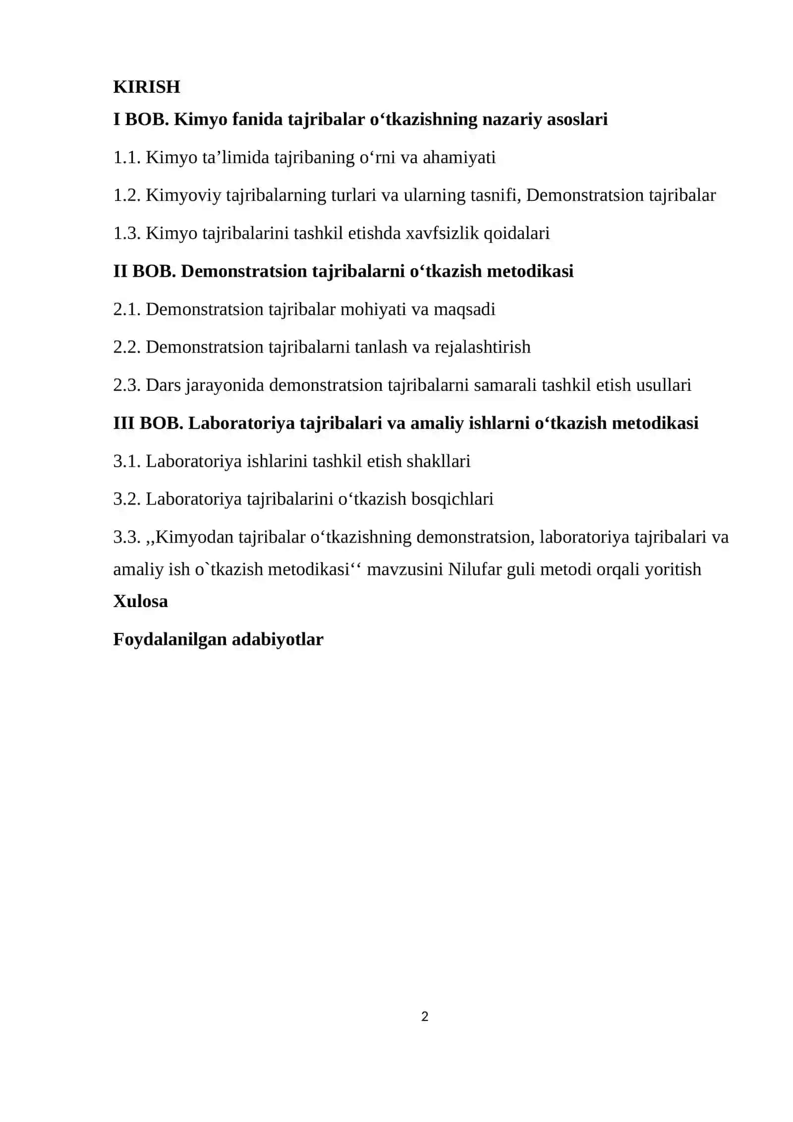 Kimyodan tajribalar o`tkazishning demonstratsion, laboratoriya tajribalari 2