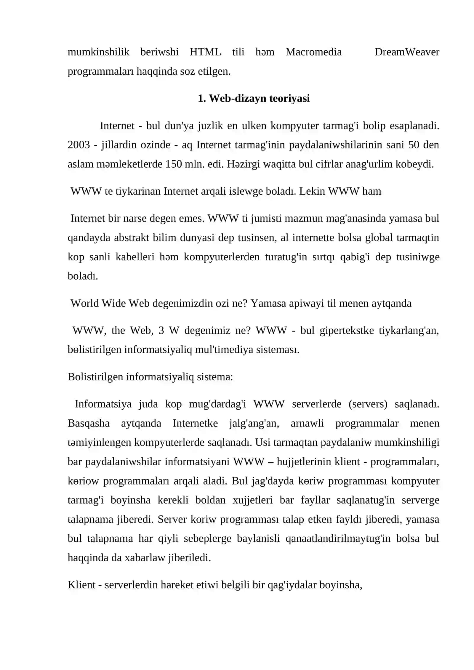 ADOBE DREAMWEAVER PROGRAMMASI JARDEMINDE VIZUAL TARIZDE VEB-BETLERDI JARATIW. VEB-SAYTTI SINAP KORIW HAM BASPADAN SHIGARIW 2