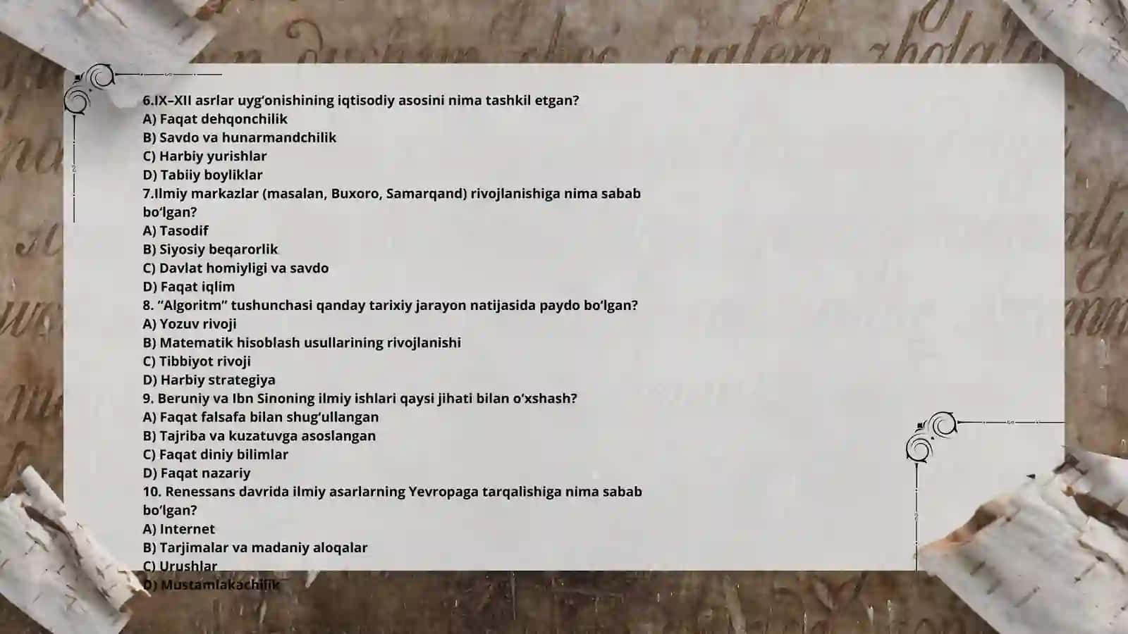 IX–XII asrlardagi Renessansning  test 2