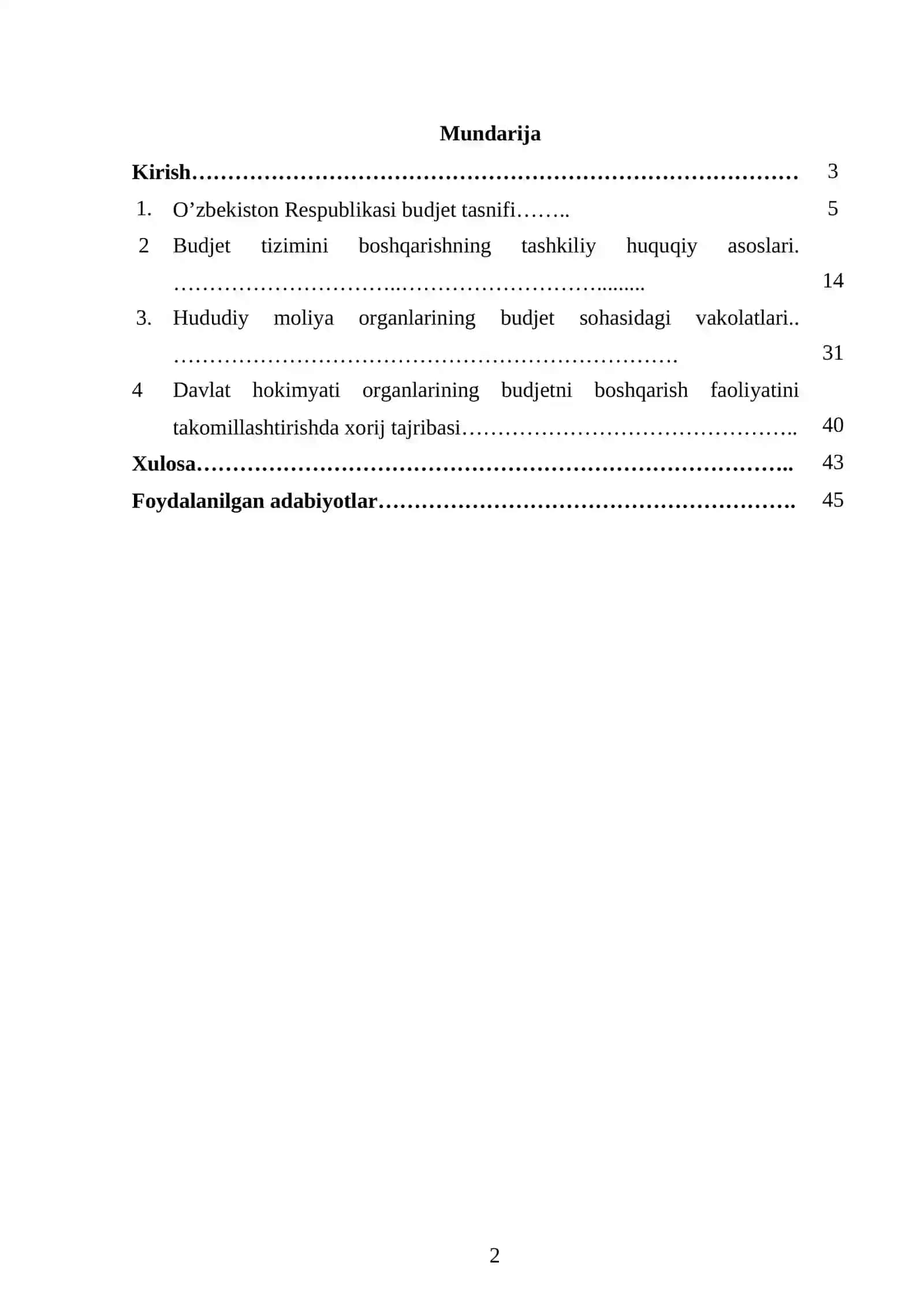 O’zbekiston Respublikasida respublika va mahalliy hukumat organlarining budjet huquqlari va ularni takomillashtirish masalalari mavzusida kur ishi 2