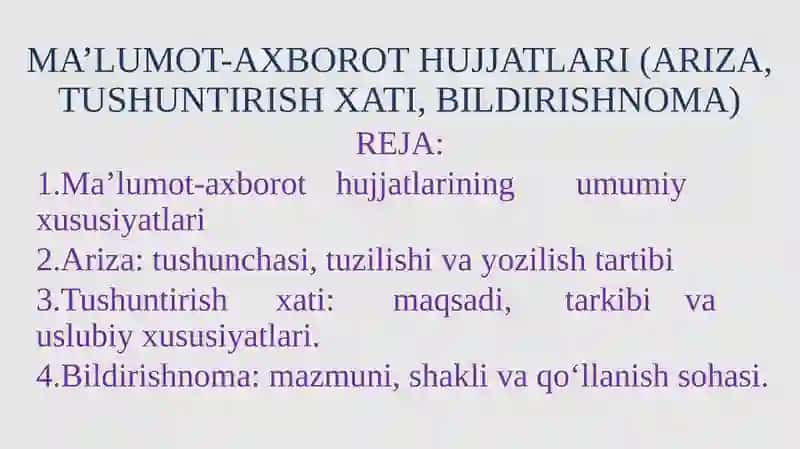 MA’LUMOT-AXBOROT HUJJATLARI (ARIZA, TUSHUNTIRISH XATI, BILDIRISHNOMA) 2